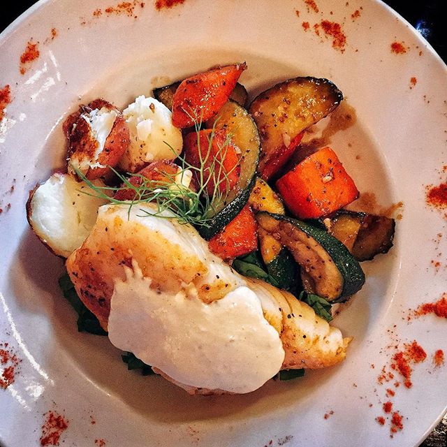 Wild Halibut and roast vegetables were the icing on the cake at Fountain Cafe @enjoyporttownsend. They often say Halibut is the king of fish - this evening he sat Regally on my plate.